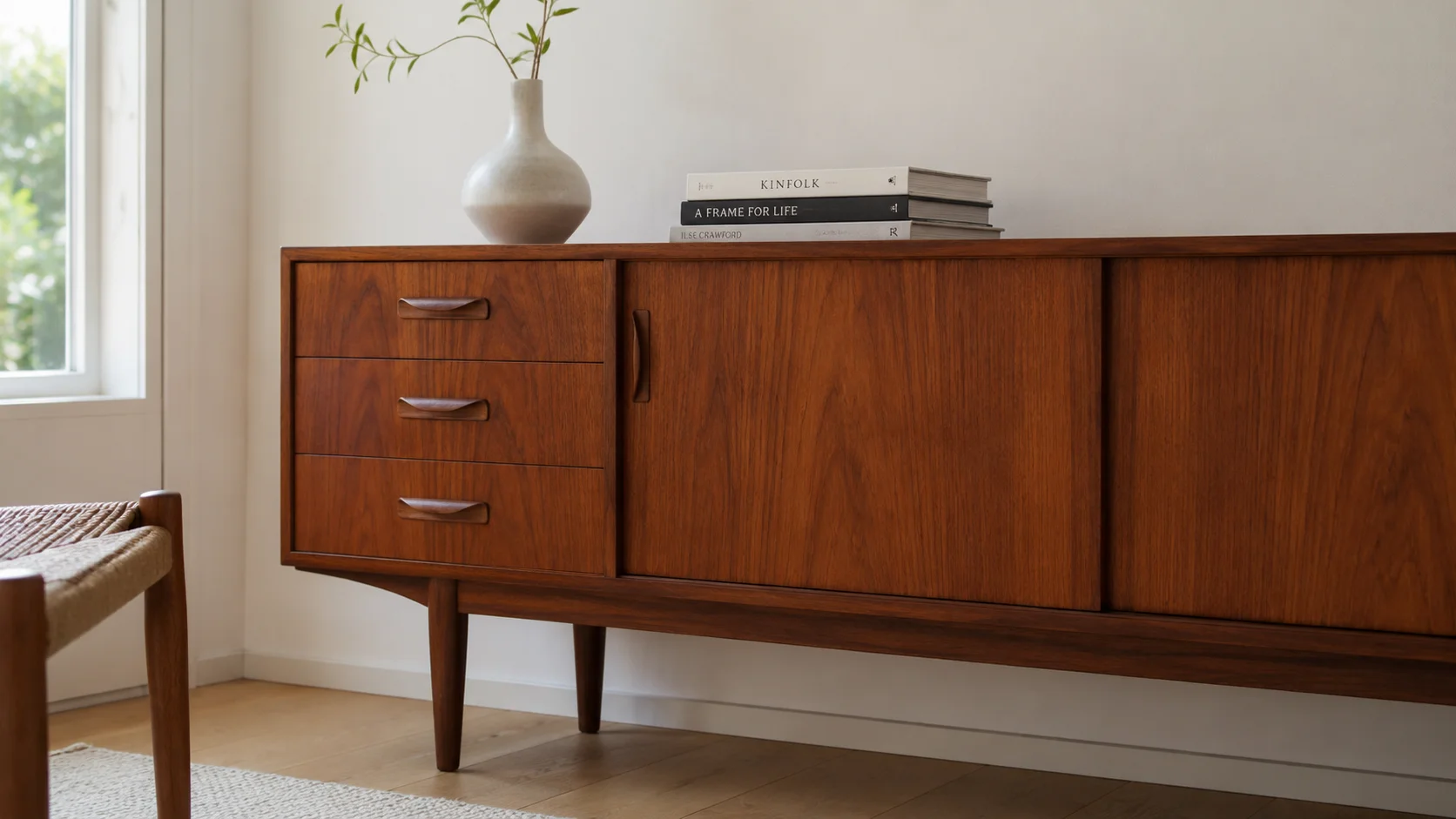 Teakskænk i klassisk dansk design mod hvid væg med moderne keramikvase ovenpå