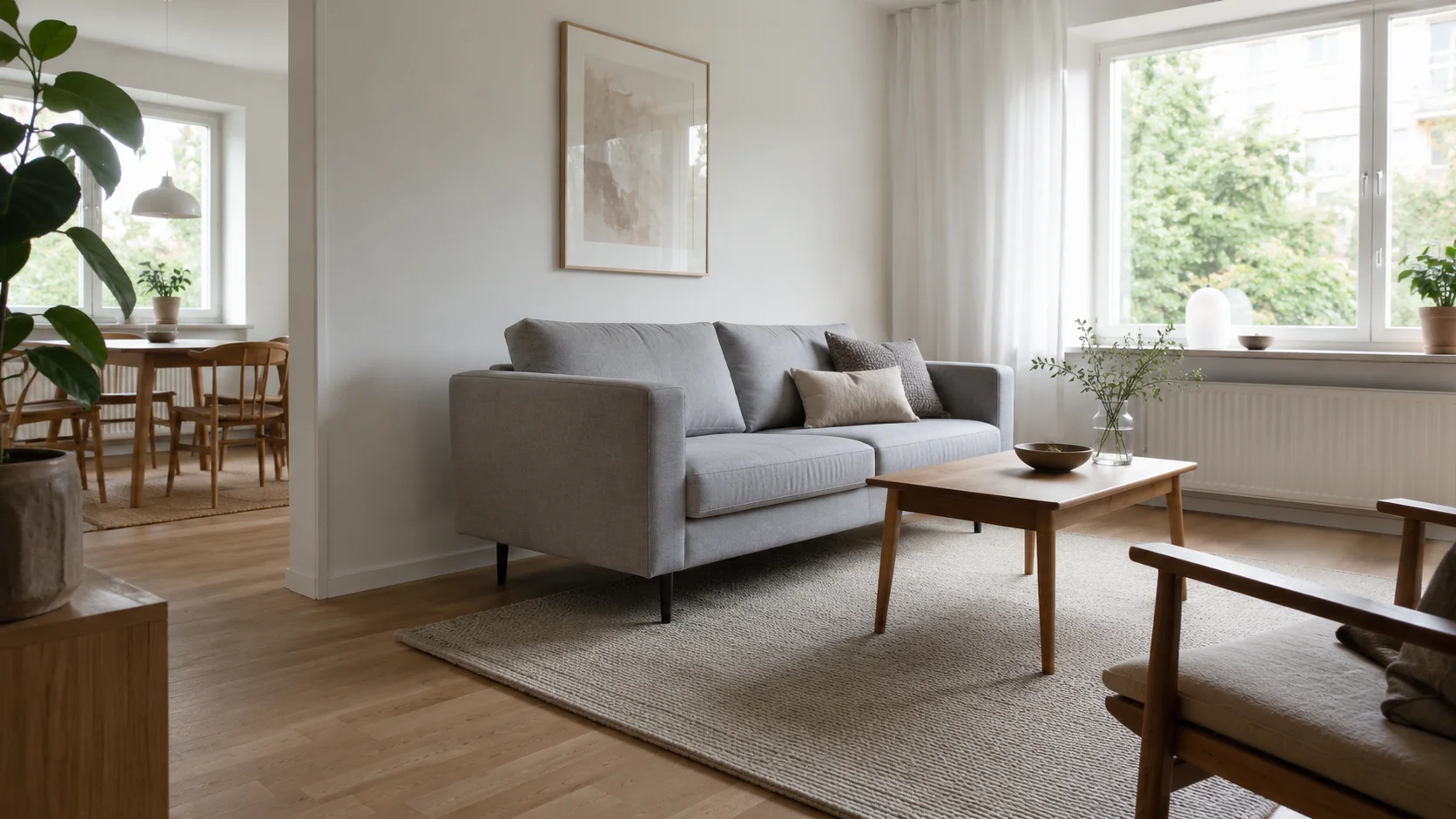 Lys stue hvor sofaen er trukket ud fra væggen med luft bagved og sofabord i den rette afstand