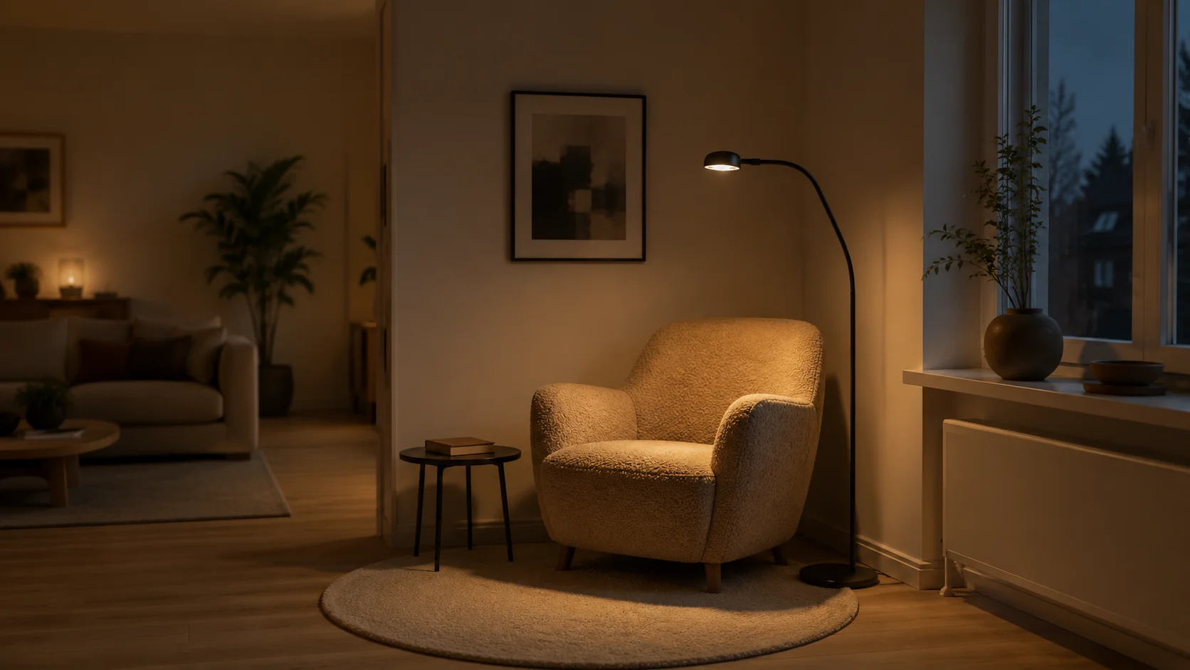 Læsehjørne som selvstændig zone i stuen med lænestol, gulvlampe og tæppe ved vinduet